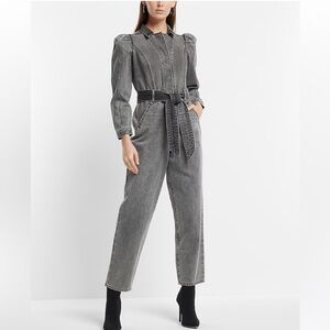 Puff Sleeve Tie Waist Gray Wash Denim Jumpsuit Express size 0 NwT